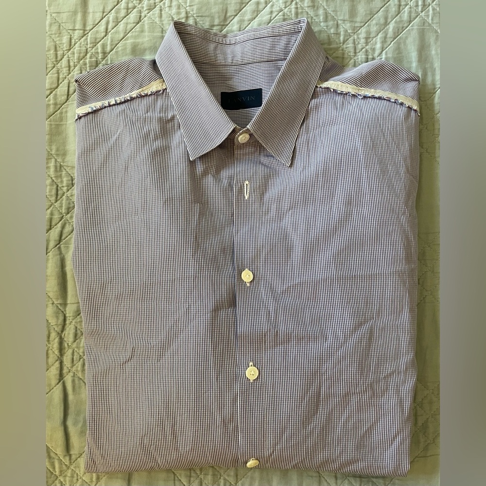 LANVIN Made in Italy Micro Check Raw Seam Shirt in Blue (multi) Size 16 1/2 $595